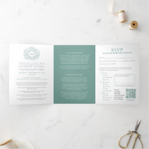 Invitation Trois Volets Monogramme sauge feuille mariage tout-en-un