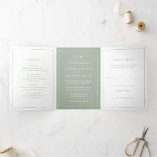 Invitation Trois Volets Monogramme Vert Sage Simple Mariage élégant