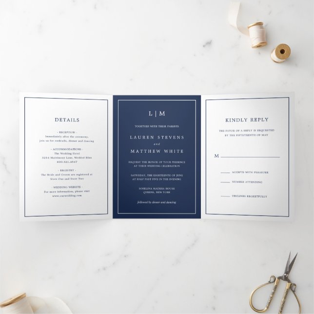 Invitation Trois Volets Monographie bleu marine simple Mariage élégant (Intérieur)