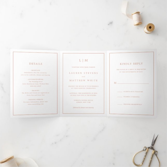 Invitation Trois Volets Monographie rose Rose simple Mariage élégant (Intérieur)