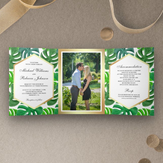 Invitation Trois Volets Monstera Hexagon vert et blanc Mariage tropical (Créateur téléchargé)