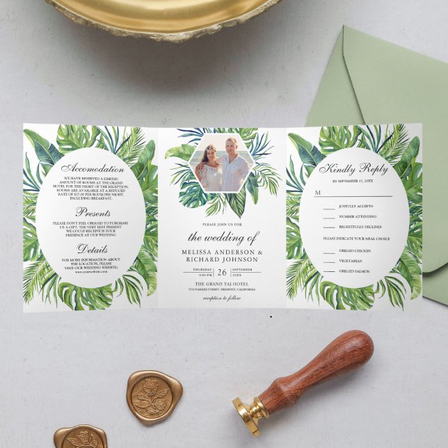 Invitation Trois Volets Monstera Tropical Palm Feuilles tous en un Mariage (Créateur téléchargé)