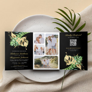 Invitation Trois Volets Monstera Tropical Palm Or Code QR Noir Mariage