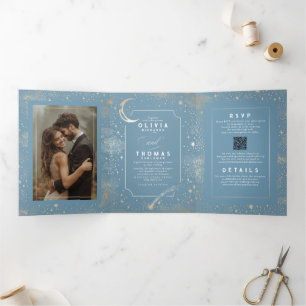 Invitation Trois Volets Moon Stars Celestial Dusty Blue Mariage Photo