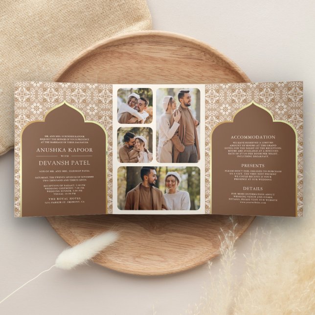 Invitation Trois Volets Motif Brown beige tout en un Mariage indien (Créateur téléchargé)