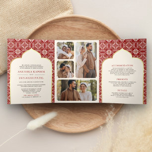 Invitation Trois Volets Motif rouge ivoire en un seul Mariage indien
