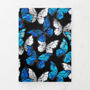 Invitation Trois Volets Motif sans couleur foncée avec papillons bleus Mor