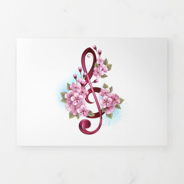Invitation Trois Volets Musical treble clef notes with sakura flowers (Page de couverture)