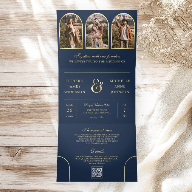 Invitation Trois Volets Navy Blue Gold Minimal Arch Photo QR code Wedding (Créateur téléchargé)