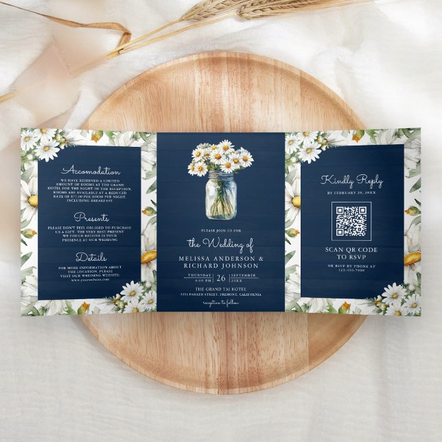 Invitation Trois Volets Navy Blue Wood Daisies Mason Jar QR Code Wedding (Créateur téléchargé)