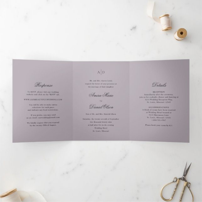 Invitation Trois Volets Nettoyer Dusty Lilac Classic Mariage (Intérieur)