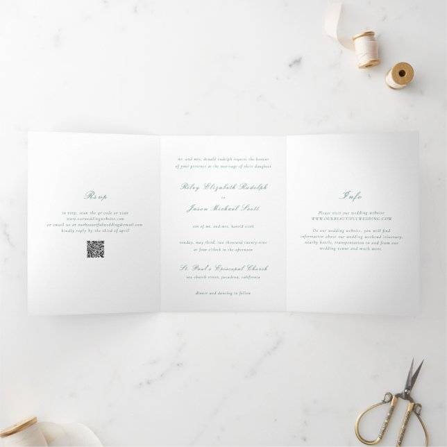 Invitation Trois Volets Nettoyer Emerald Green QR Code Mariage élégant (Intérieur)