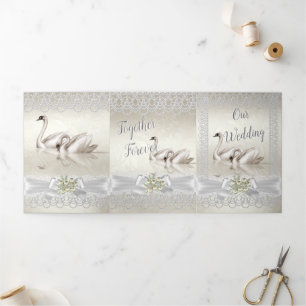 Invitation Trois Volets Noces Blancs Cygnes Crème Dentelle Damassé 3