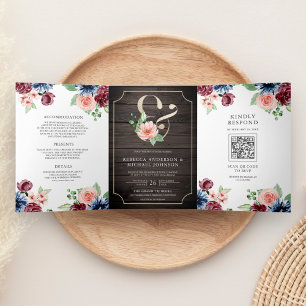 Invitation Trois Volets Noces Code QR Bois Floral Burgundy Navy Blush