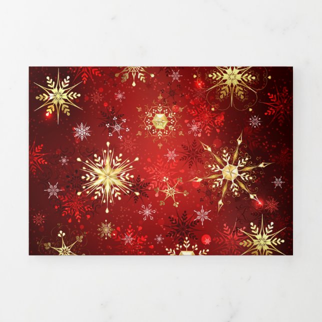 Invitation Trois Volets Noël Golden Snowflakes sur Arrière - plan rouge (Page de couverture)