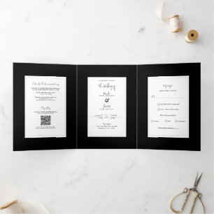 Invitation Trois Volets Noir Blanc Or moderne minimal mariage élégant
