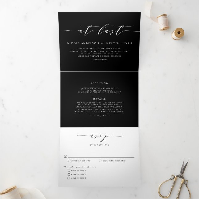 Invitation Trois Volets Noir et blanc à Dernier minimaliste Mariage de scr (Intérieur)