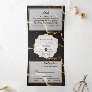 Invitation Trois Volets Noir et or 💍 huile d'encre Abstraite moderne
