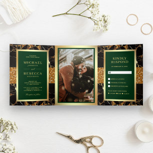 Invitation Trois Volets Noir Marbre Or Paillettes Vert Chasseur Mariage