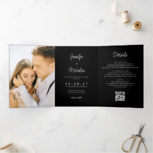 Invitation Trois Volets Noir moderne Mariage RSVP détails QR Code photo