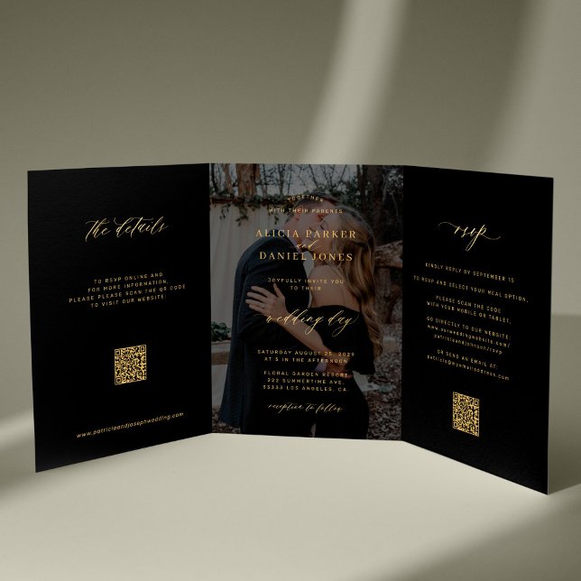 Invitation Trois Volets Noir or photo mariage RSVP détails QR code (Créateur téléchargé)