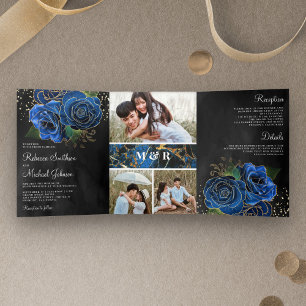 Invitation Trois Volets Noir Or Royal Bleu Floral Collage Photo Mariage