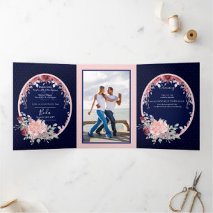 Invitation Trois Volets Nuestra Boda Bourgogne Blue Floral Wedding Invitat