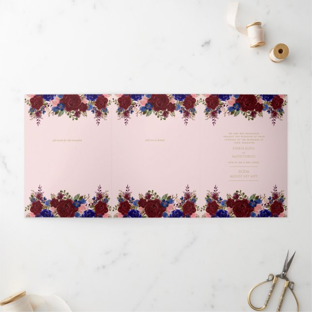 Invitation Trois Volets Nuestra Boda Bourgogne Blue Floral Wedding Invitat (Extérieur)