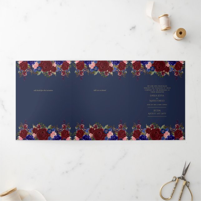 Invitation Trois Volets Nuestra Boda Bourgogne Blue Floral Wedding Invitat (Extérieur)