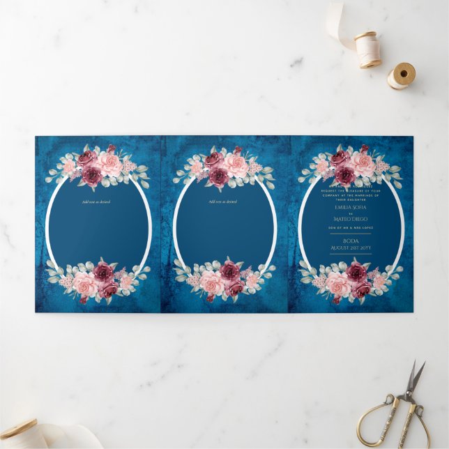 Invitation Trois Volets Nuestra Boda Bourgogne Blue Floral Wedding Invitat (Extérieur)