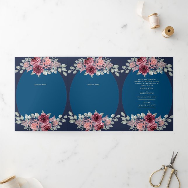 Invitation Trois Volets Nuestra Boda Bourgogne Blue Floral Wedding Invitat (Extérieur)