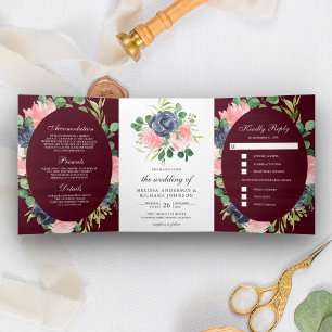 Invitation Trois Volets Nuit Bleue et Rose Pâle Fleurs Bourguignon Mariage