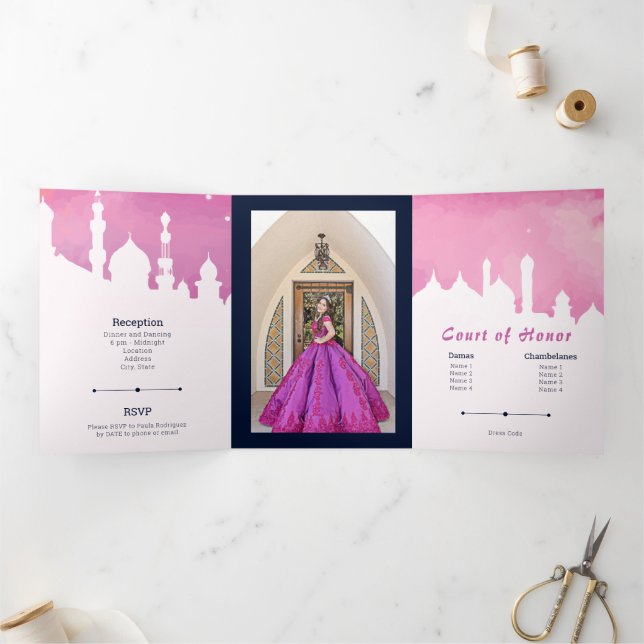 Invitation Trois Volets Nuits roses Arabes Aquarelle Quinceañera (Intérieur)