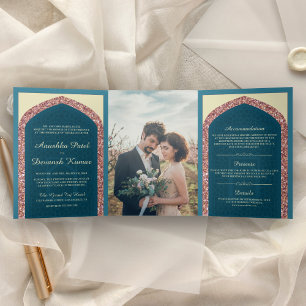 Invitation Trois Volets Océan Bleu Rose Parties scintillant d'or Mariage i