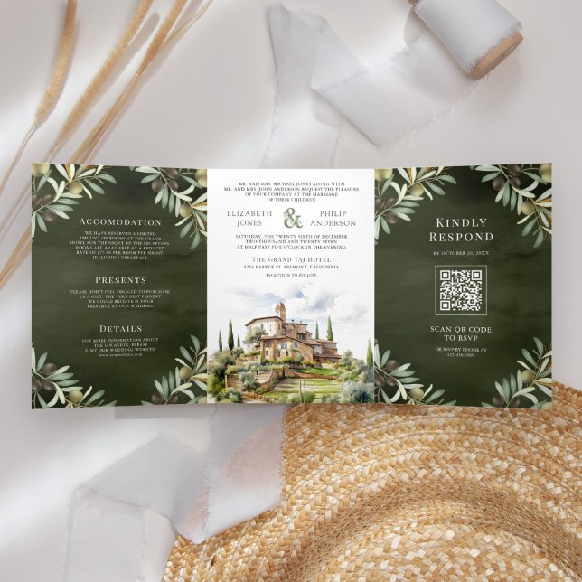 Invitation Trois Volets Olive Grove Aquarelle Toscane Italie Mariage (Créateur téléchargé)