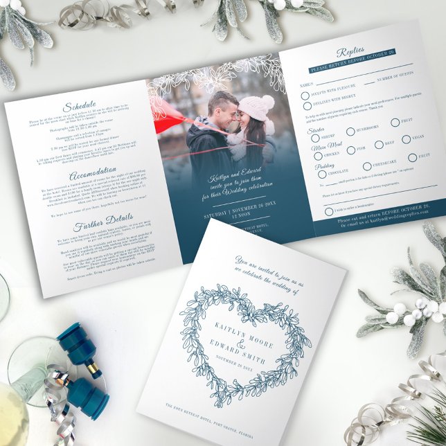 Invitation Trois Volets Option de repas de mariage bleu blanc gui RSVP (Créateur téléchargé)