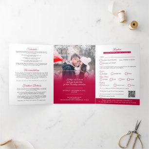 Invitation Trois Volets Option de repas de mariage rouge gui Code QR RSVP