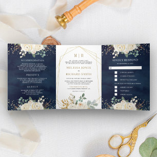 Invitation Trois Volets Or rustique ivoire floral tout-en-un mariage marin