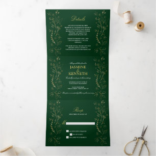 Invitation Trois Volets Ornat Gold Floral Frotles sur Mariage vert foncé
