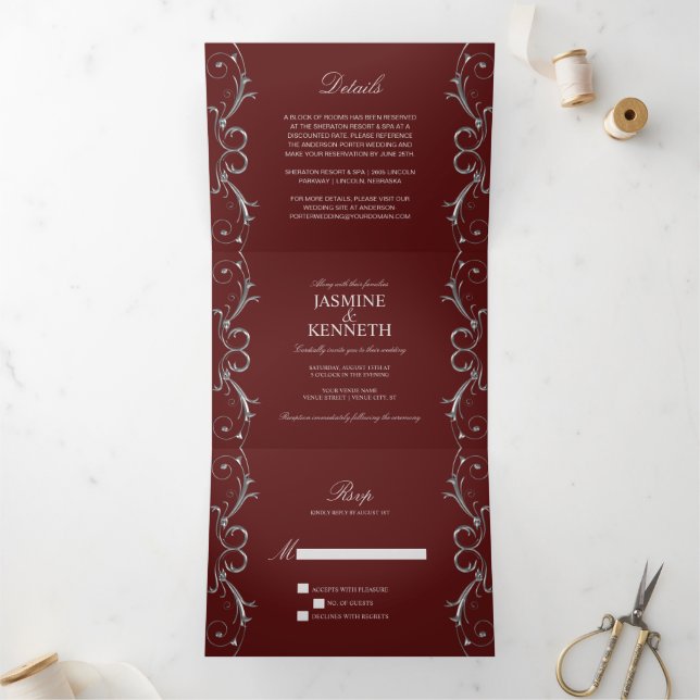Invitation Trois Volets Ornate Silver Floral Swirls on Burgundy Wedding (Intérieur)