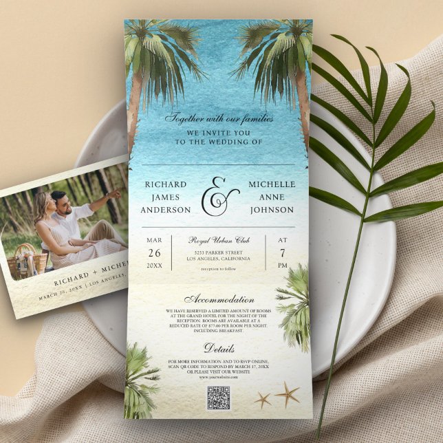 Invitation Trois Volets Palmiers tropicaux Plage moderne QR Code Mariage (Créateur téléchargé)