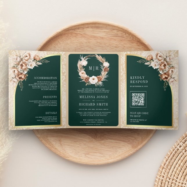 Invitation Trois Volets Pampas Beige Earthy Floral Emerald Green Wedding (Créateur téléchargé)