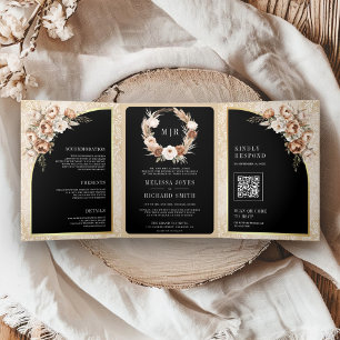 Invitation Trois Volets Pampas Neutre Beige Terreux Floral Noir Mariage