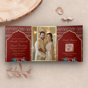 Invitation Trois Volets Paon à motif floral or rouge Mariage indien