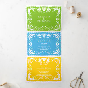 Invitation Trois Volets Pape bleu vert picado lovebirds mariage