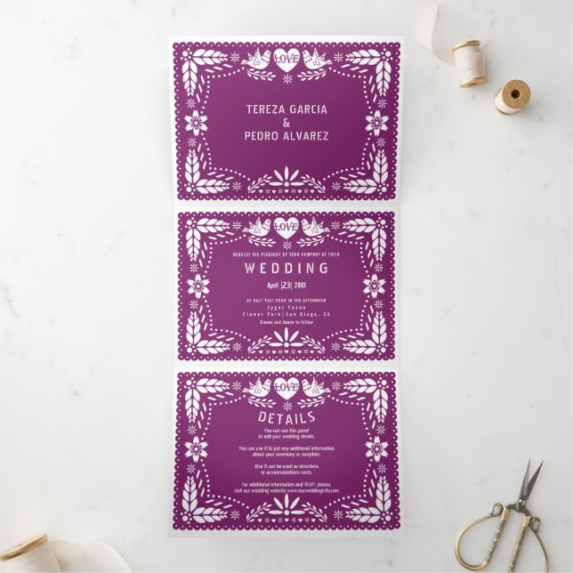 Invitation Trois Volets Pape violet picado inséparables mariage (Intérieur)