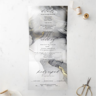 Invitation Trois Volets Papier Mariage Marbre Noir Or Encre Alcoholique Tr
