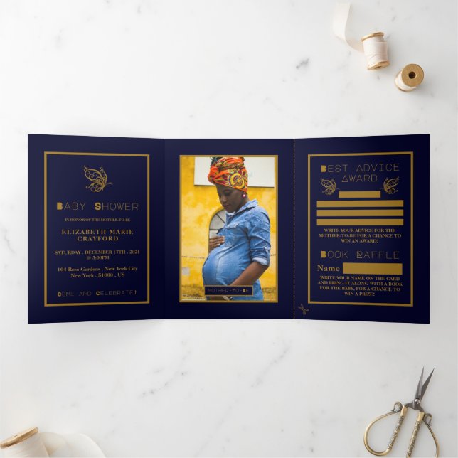 Invitation Trois Volets Papillon d'or, Suite Baby shower bleu marine (Intérieur)