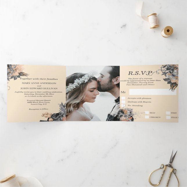 Invitation Trois Volets Papillon rose argent de pêche d'été mariage (Intérieur)