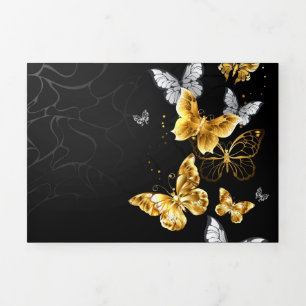 Invitation Trois Volets Papillons blancs et dorés